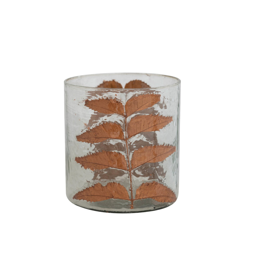 Glass Candle Holder w/ Embedded Natural Neem Leaves