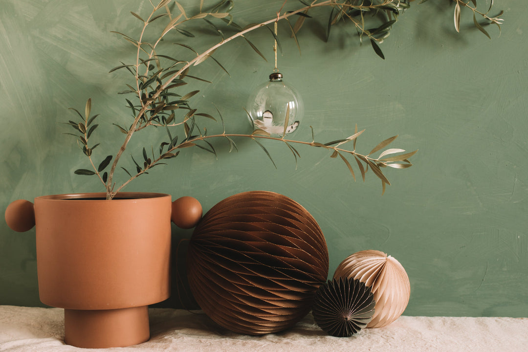 Wish Paper Decorative Ball Ornament - Taupe with Rose Gold Glitter Edges